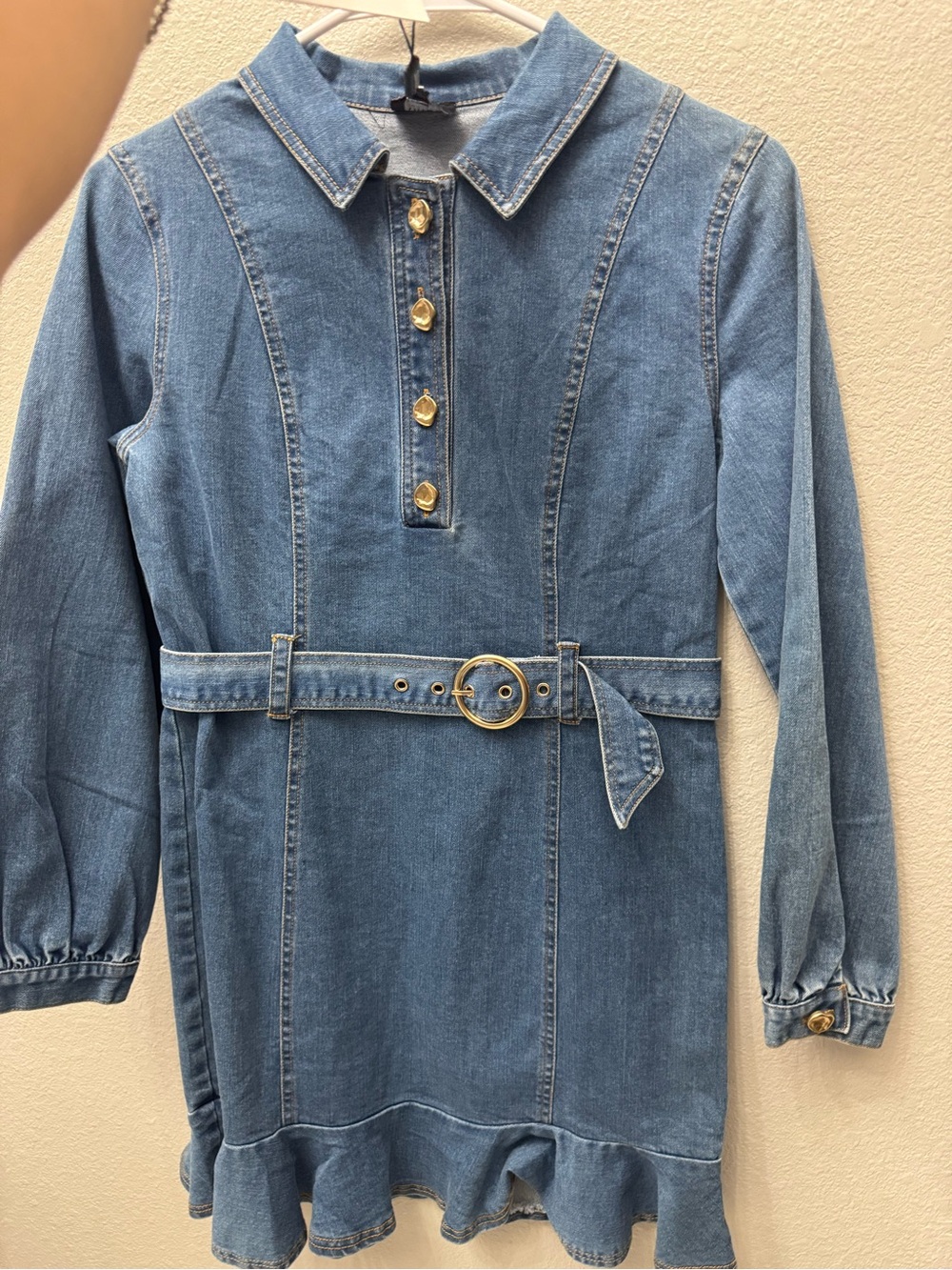 Bardot Blue Denim Belted Dress with Gold Buttons
